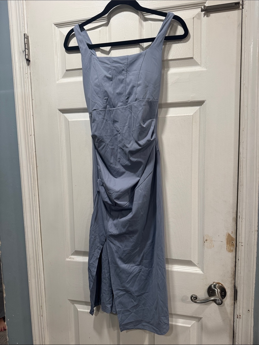 Women’s Light Blue/Gray Square Neck Midi Dress with Slit